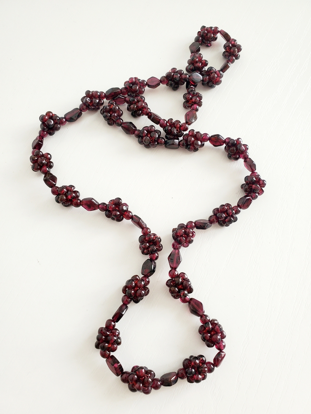 Bohemian Pyrope Garnet Rope Necklace", "Woven Floral Cluster"  1970s